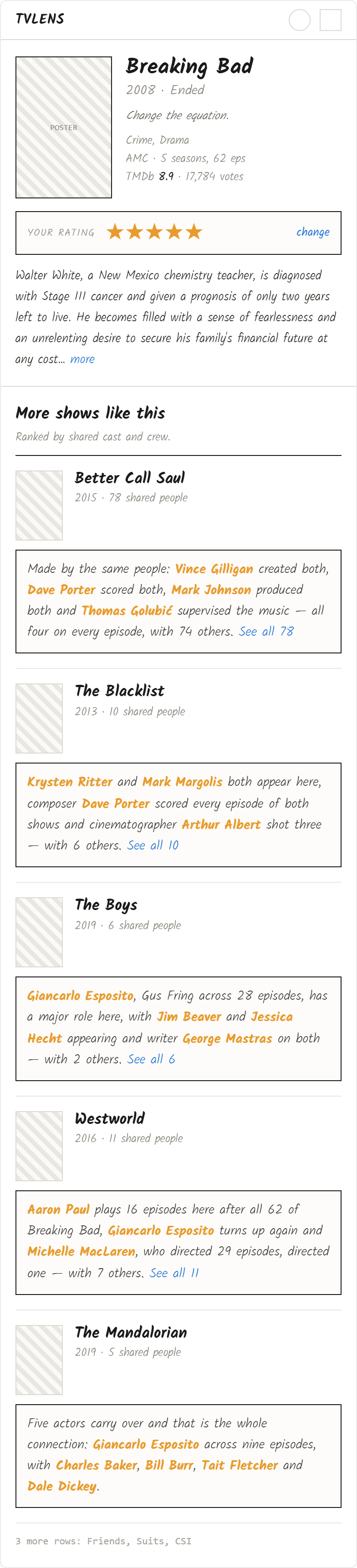 The same show page and context boxes on mobile